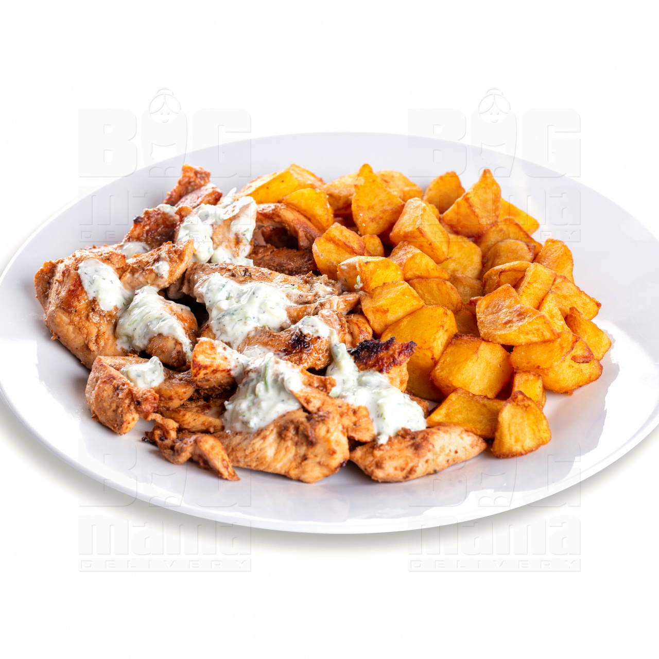Product #245 image - BBQ chicken bites with golden potato cubes and tzatziki sauce